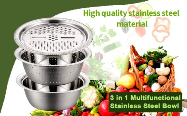 3 in 1 Stainless Steel Multifunctional Kitchen Drain Basket Vegetable Cutter