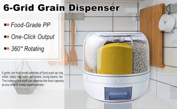 6-Grid Rotating Grain Rice Dispenser with Measuring Cup