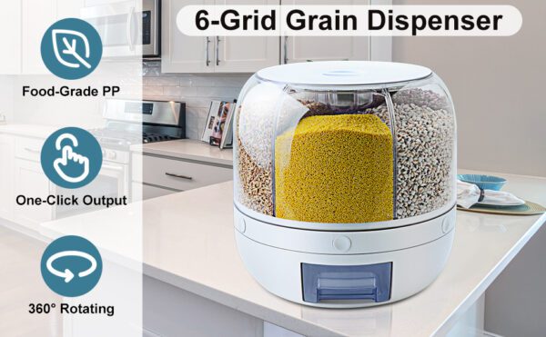 6-Grid Rotating Grain Rice Dispenser with Measuring Cup