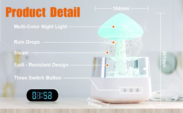 Humidifier for Home, Cloud Rain Diffuser, Relaxing Sound, Mushroom Waterfall Lamp