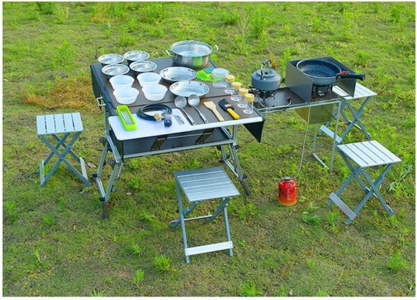 Mobile Kitchen Foldable Table Cookware Set with Folding Stool Cooking Gas Stove