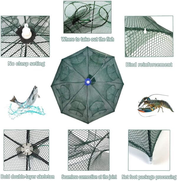 Portable Foldable Fishing Net, Fish Trap Strengthened 16 Holes