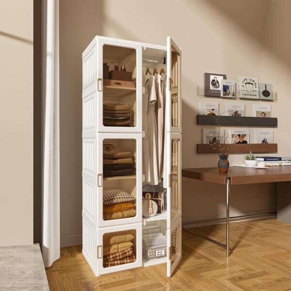 Portable Wardrobe Closet Storage Organizer, Plastic Wardrobe with Magnetic Transparent Door