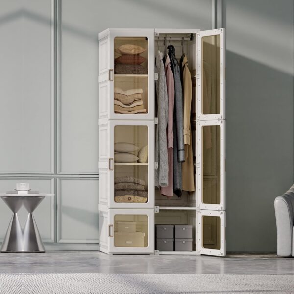 Portable Wardrobe Closet Storage Organizer, Plastic Wardrobe with Magnetic Transparent Door